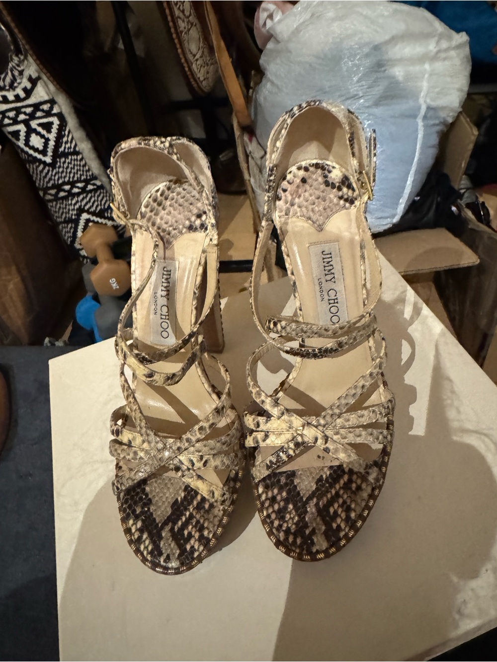 Jimmy Choo Beige and Brown Snake-Print Strappy Heels